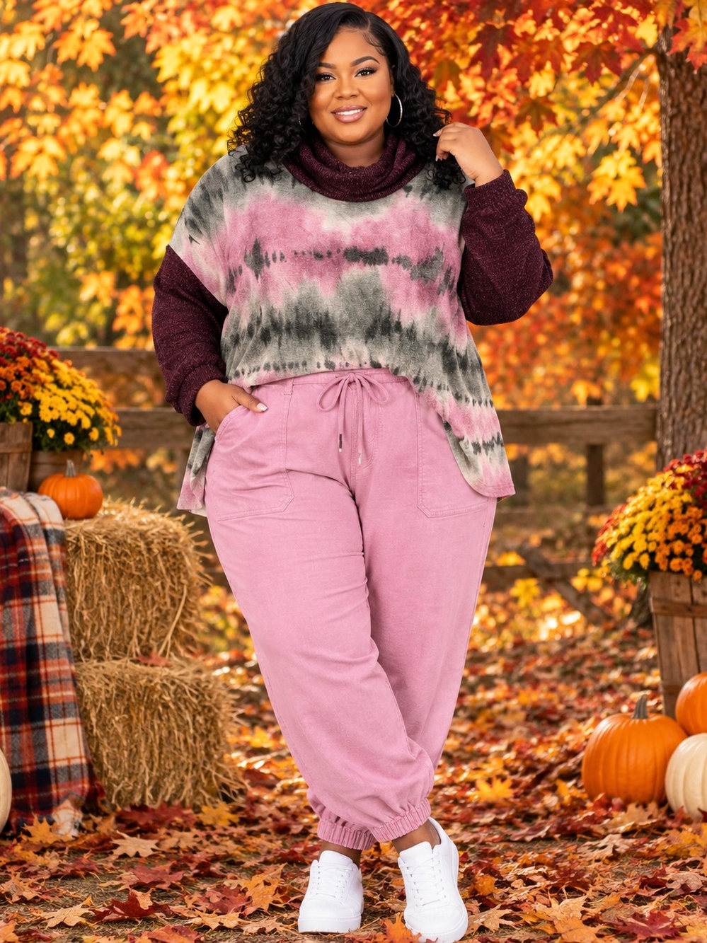 Tie-Dye Cowl Neck Sweater & Pink Jogger Set